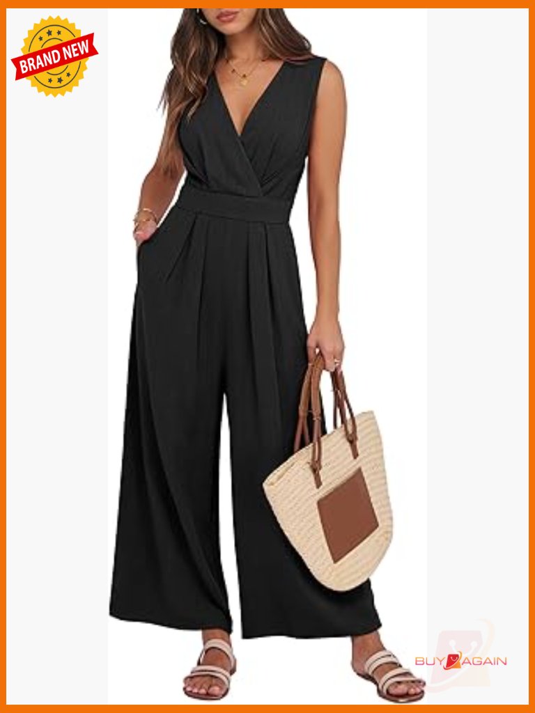 Sleeveless V Neck Dressy Jumpsuit Romper Wide Leg Pant Summer Outfit